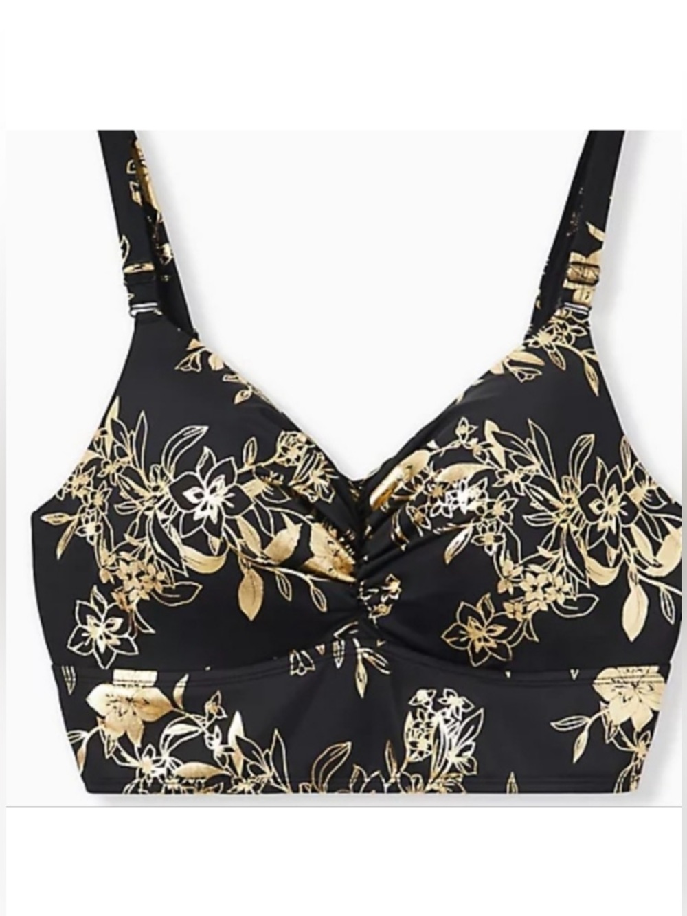 Torrid Wireless Bikini Top Black Gold Foil Floral Ruched - Picture 2 of 4
